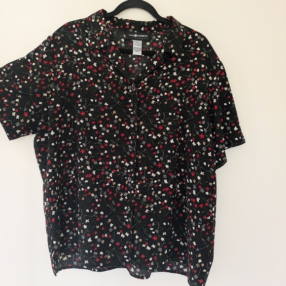 Vintage Sag Harbor Black Floral Button Up Collared Top sz 1X 90s Casual - Picture 3 of 8